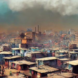 AI rendition of a nairobi slum. Spot on.