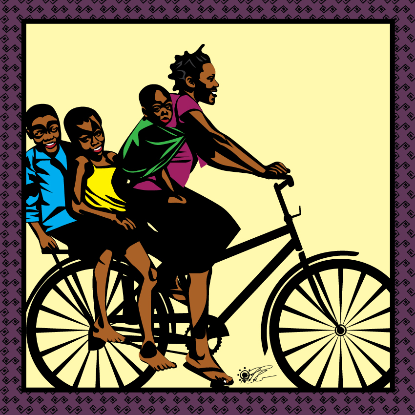 Woman, baby, girl, boy ride a bike